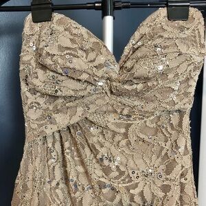 Morgan & Co. Strapless Lace Dress in Tan with Sequins